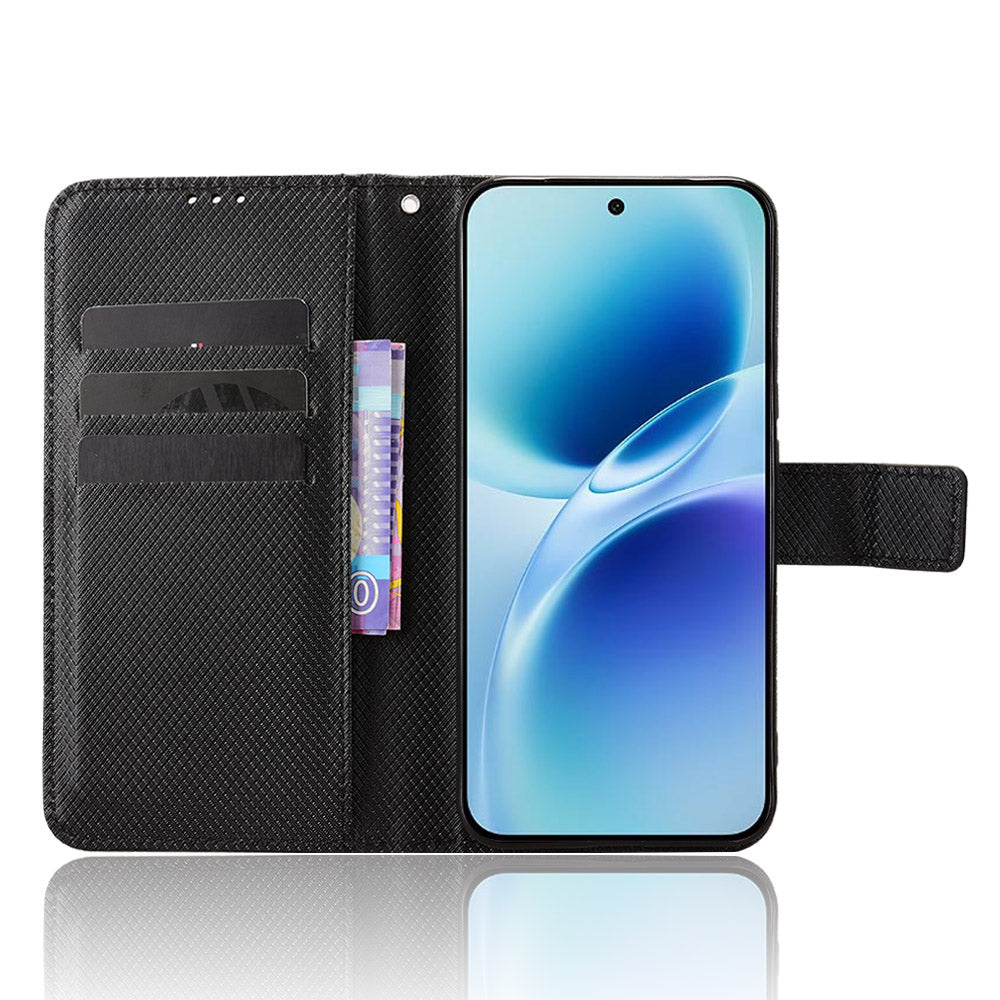 For vivo S50 Pro mini 5G / vivo X300 FE 5G Leather Wallet Case with Strap Diamond Texture Phone Cover - Black