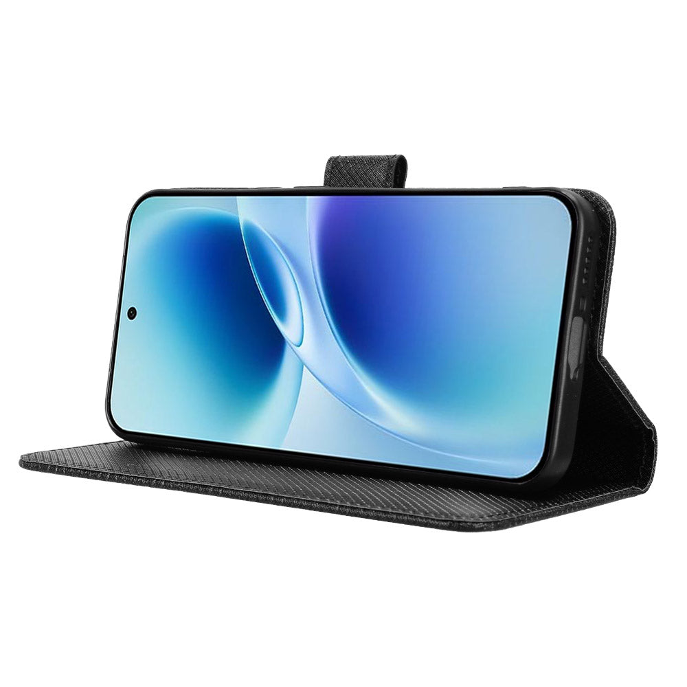 For vivo S50 Pro mini 5G / vivo X300 FE 5G Leather Wallet Case with Strap Diamond Texture Phone Cover - Black