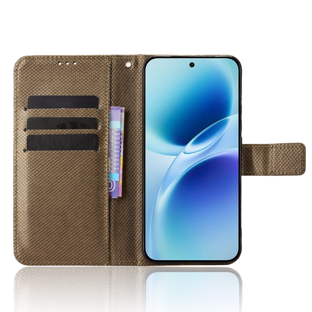 For vivo S50 Pro mini 5G / vivo X300 FE 5G Leather Wallet Case with Strap Diamond Texture Phone Cover - Brown