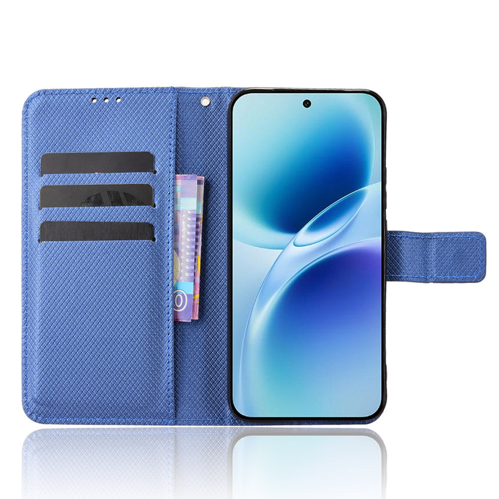 For vivo S50 Pro mini 5G / vivo X300 FE 5G Leather Wallet Case with Strap Diamond Texture Phone Cover - Blue