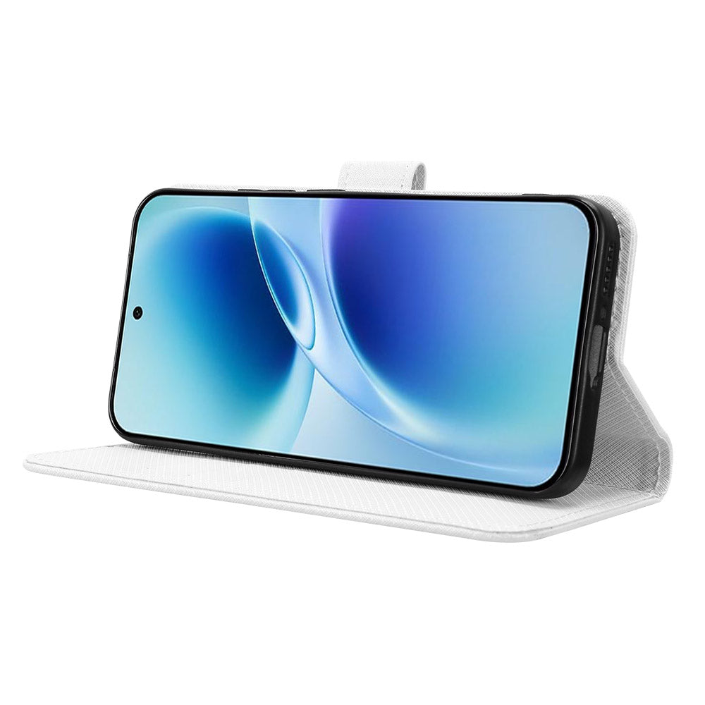 For vivo S50 Pro mini 5G / vivo X300 FE 5G Leather Wallet Case with Strap Diamond Texture Phone Cover - White