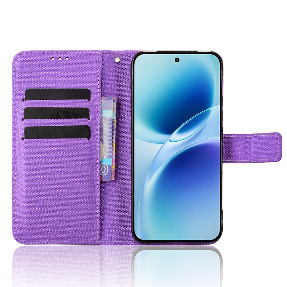 For vivo S50 Pro mini 5G / vivo X300 FE 5G Leather Wallet Case with Strap Diamond Texture Phone Cover - Purple