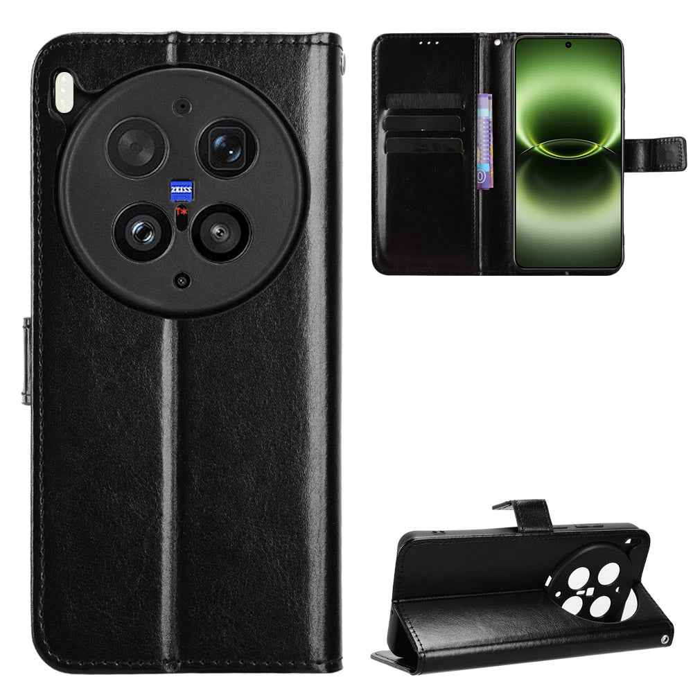 For vivo X300 Ultra 5G PU Leather Case with Strap Crazy Horse Texture Phone Wallet Cover - Black