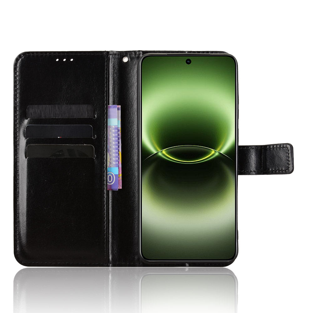For vivo X300 Ultra 5G PU Leather Case with Strap Crazy Horse Texture Phone Wallet Cover - Black