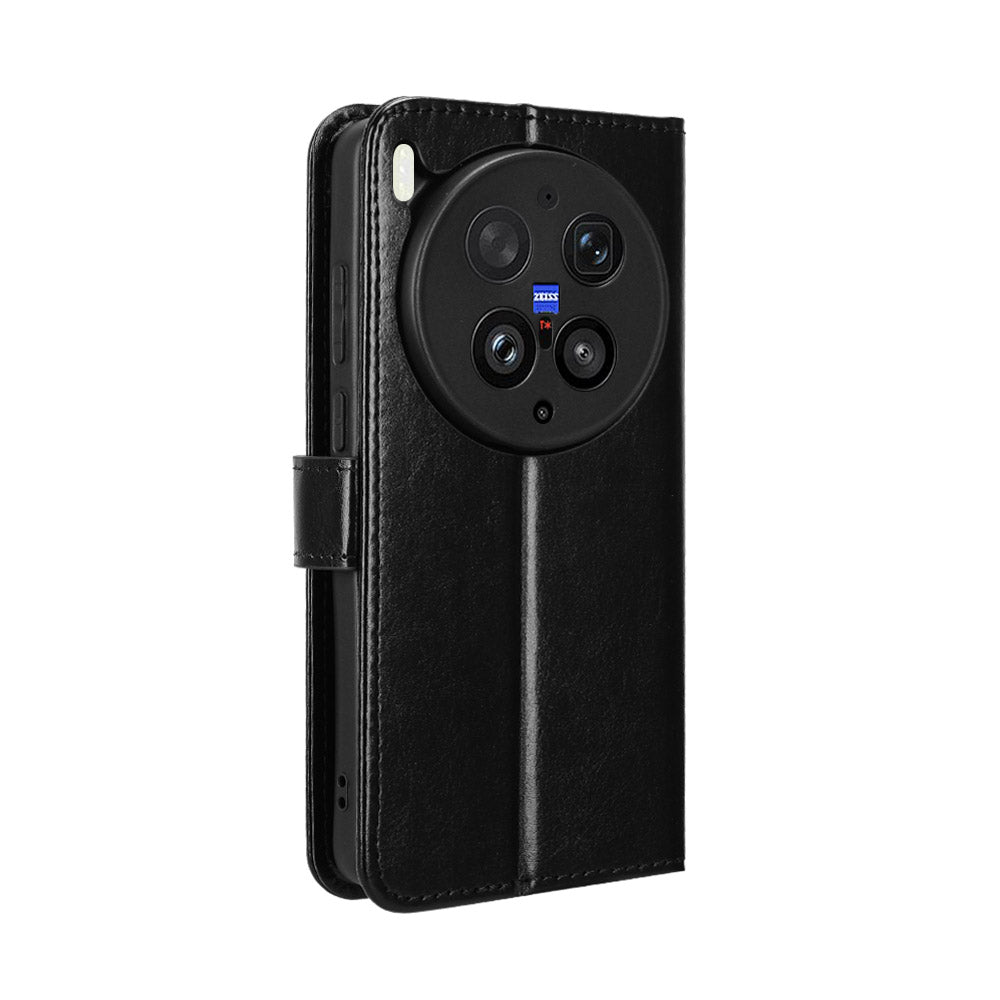For vivo X300 Ultra 5G PU Leather Case with Strap Crazy Horse Texture Phone Wallet Cover - Black