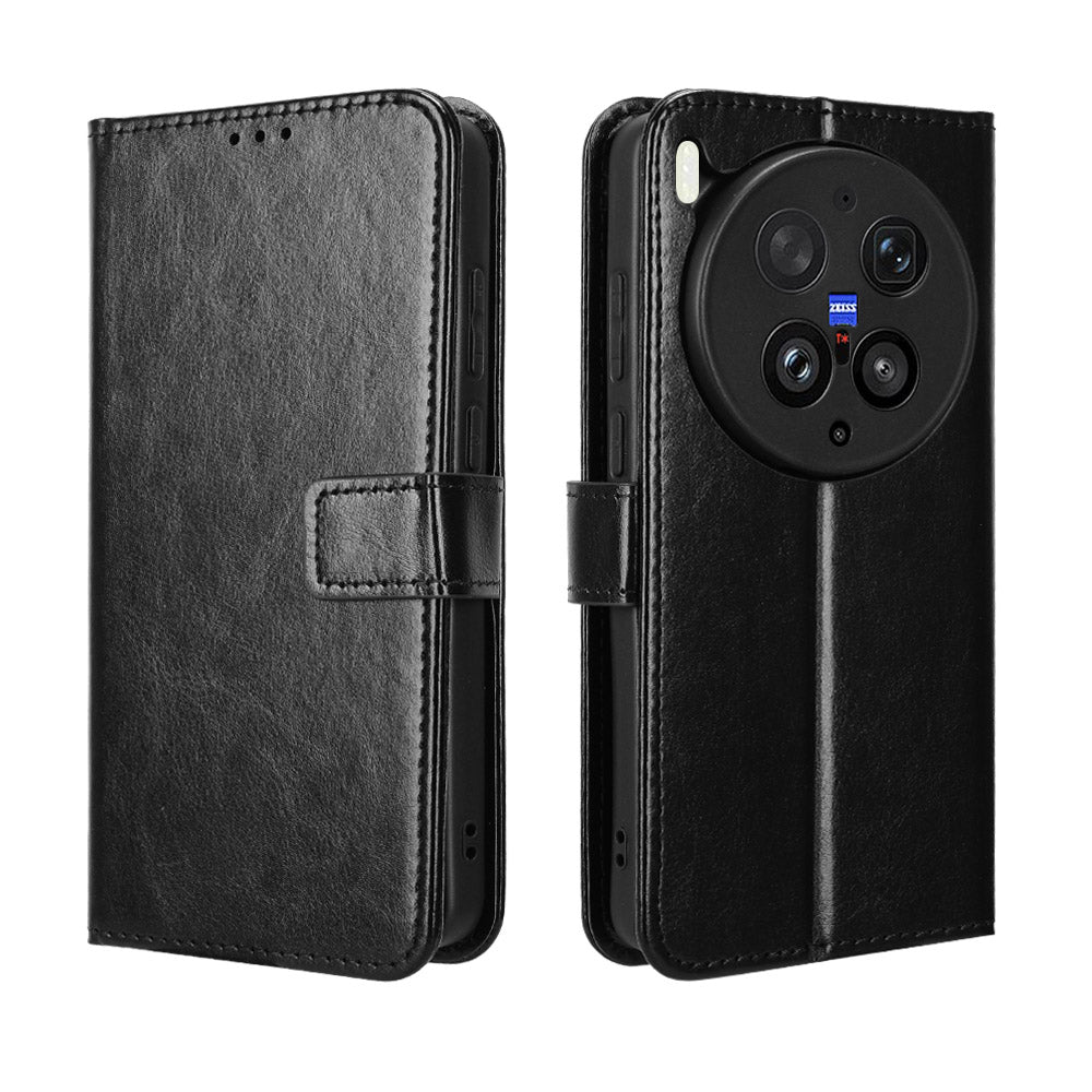 For vivo X300 Ultra 5G PU Leather Case with Strap Crazy Horse Texture Phone Wallet Cover - Black