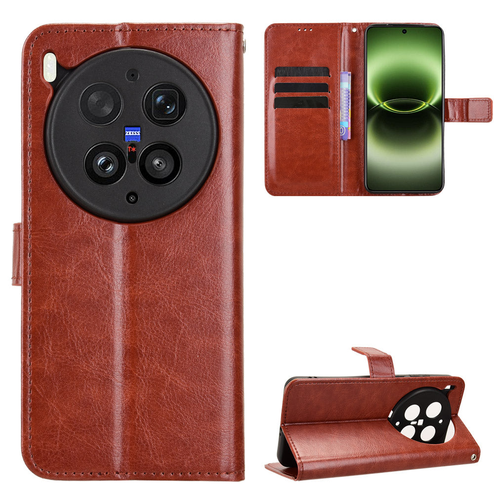 For vivo X300 Ultra 5G PU Leather Case with Strap Crazy Horse Texture Phone Wallet Cover - Brown