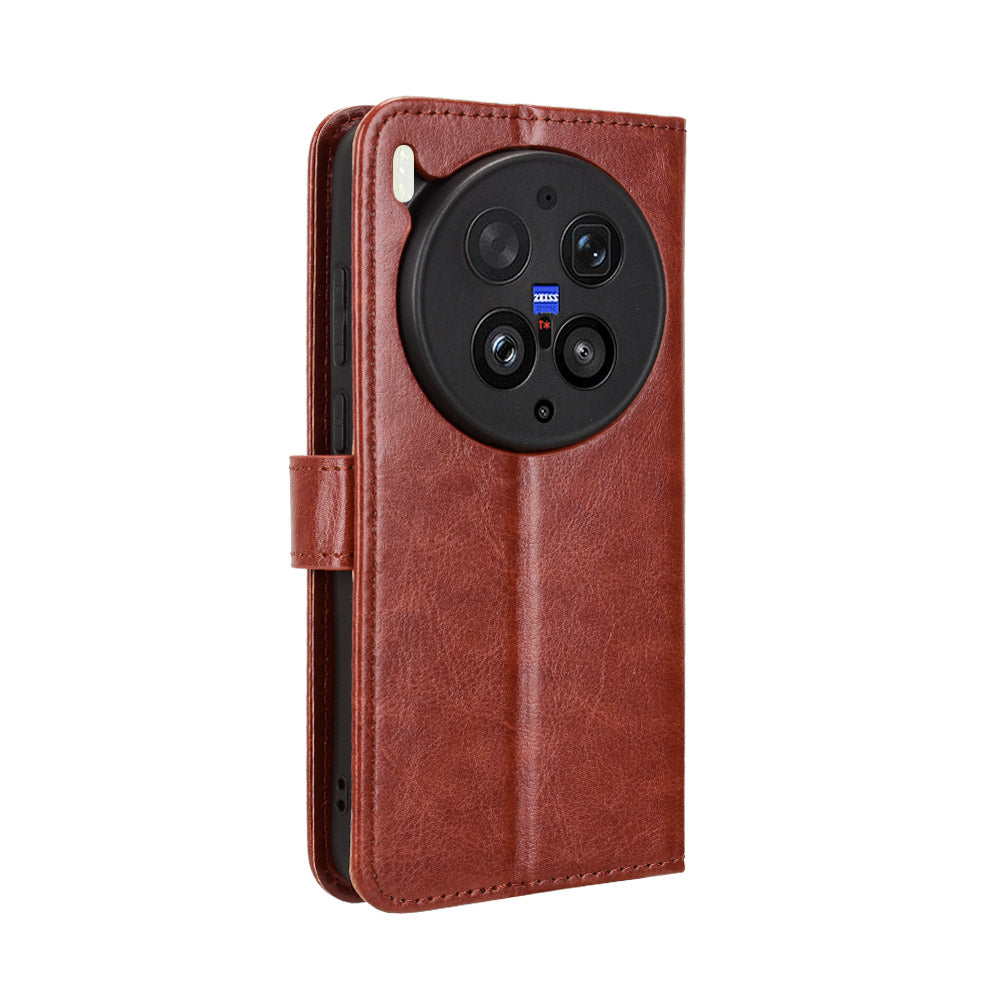 For vivo X300 Ultra 5G PU Leather Case with Strap Crazy Horse Texture Phone Wallet Cover - Brown