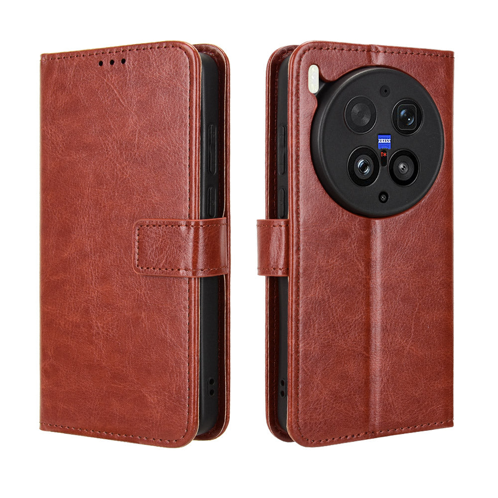 For vivo X300 Ultra 5G PU Leather Case with Strap Crazy Horse Texture Phone Wallet Cover - Brown