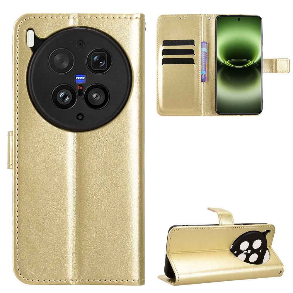For vivo X300 Ultra 5G PU Leather Case with Strap Crazy Horse Texture Phone Wallet Cover - Gold