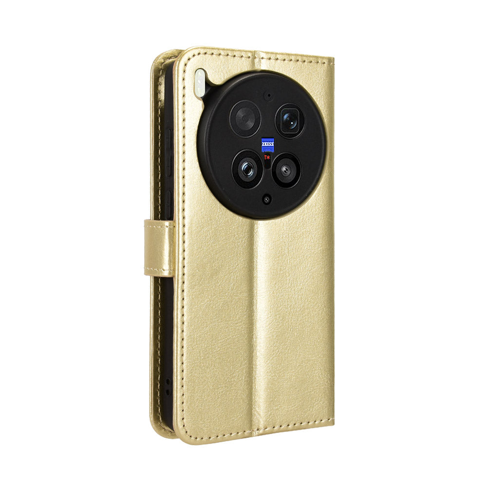 For vivo X300 Ultra 5G PU Leather Case with Strap Crazy Horse Texture Phone Wallet Cover - Gold