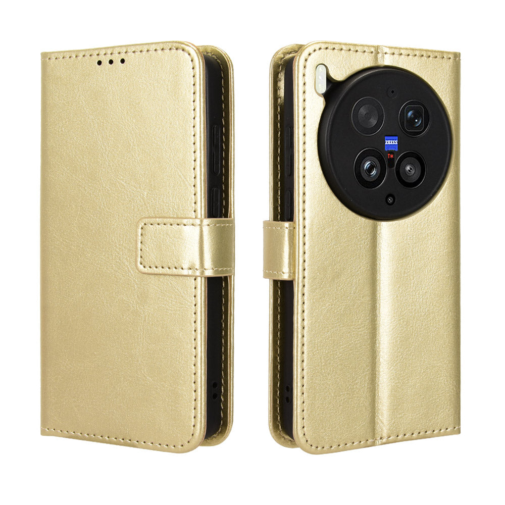 For vivo X300 Ultra 5G PU Leather Case with Strap Crazy Horse Texture Phone Wallet Cover - Gold