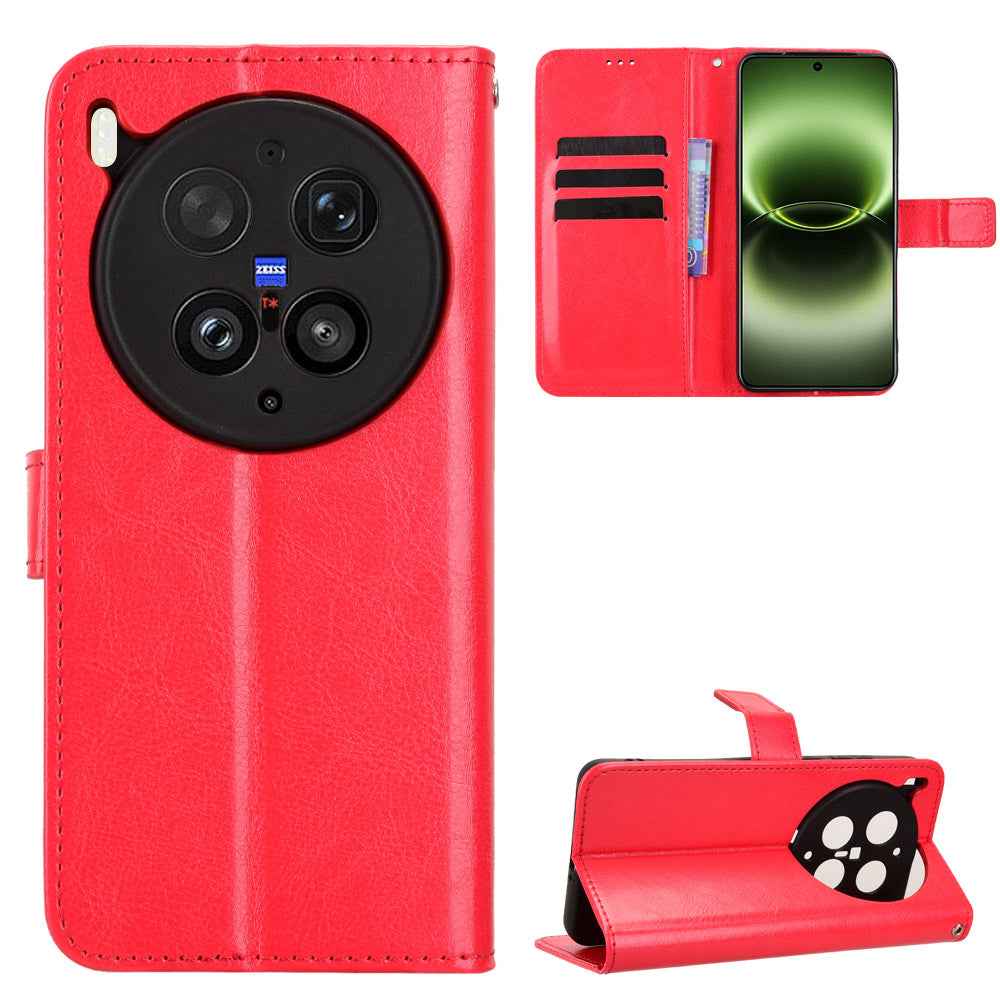 For vivo X300 Ultra 5G PU Leather Case with Strap Crazy Horse Texture Phone Wallet Cover - Red
