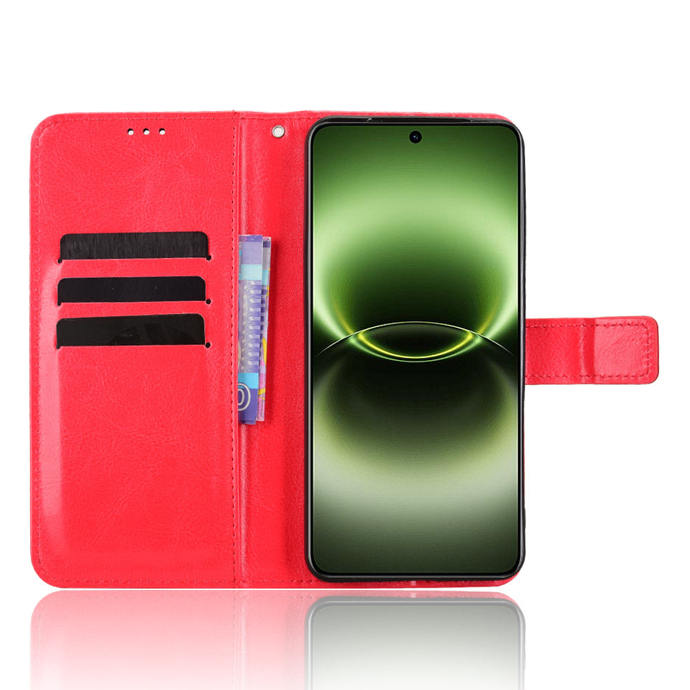 For vivo X300 Ultra 5G PU Leather Case with Strap Crazy Horse Texture Phone Wallet Cover - Red