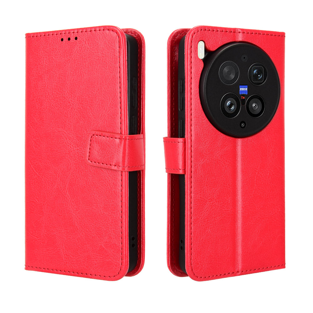For vivo X300 Ultra 5G PU Leather Case with Strap Crazy Horse Texture Phone Wallet Cover - Red