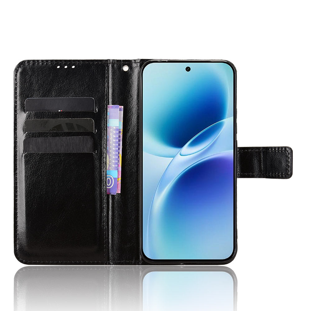 For vivo S50 Pro mini 5G / vivo X300 FE 5G PU Leather Case with Strap Crazy Horse Texture Phone Wallet Cover - Black