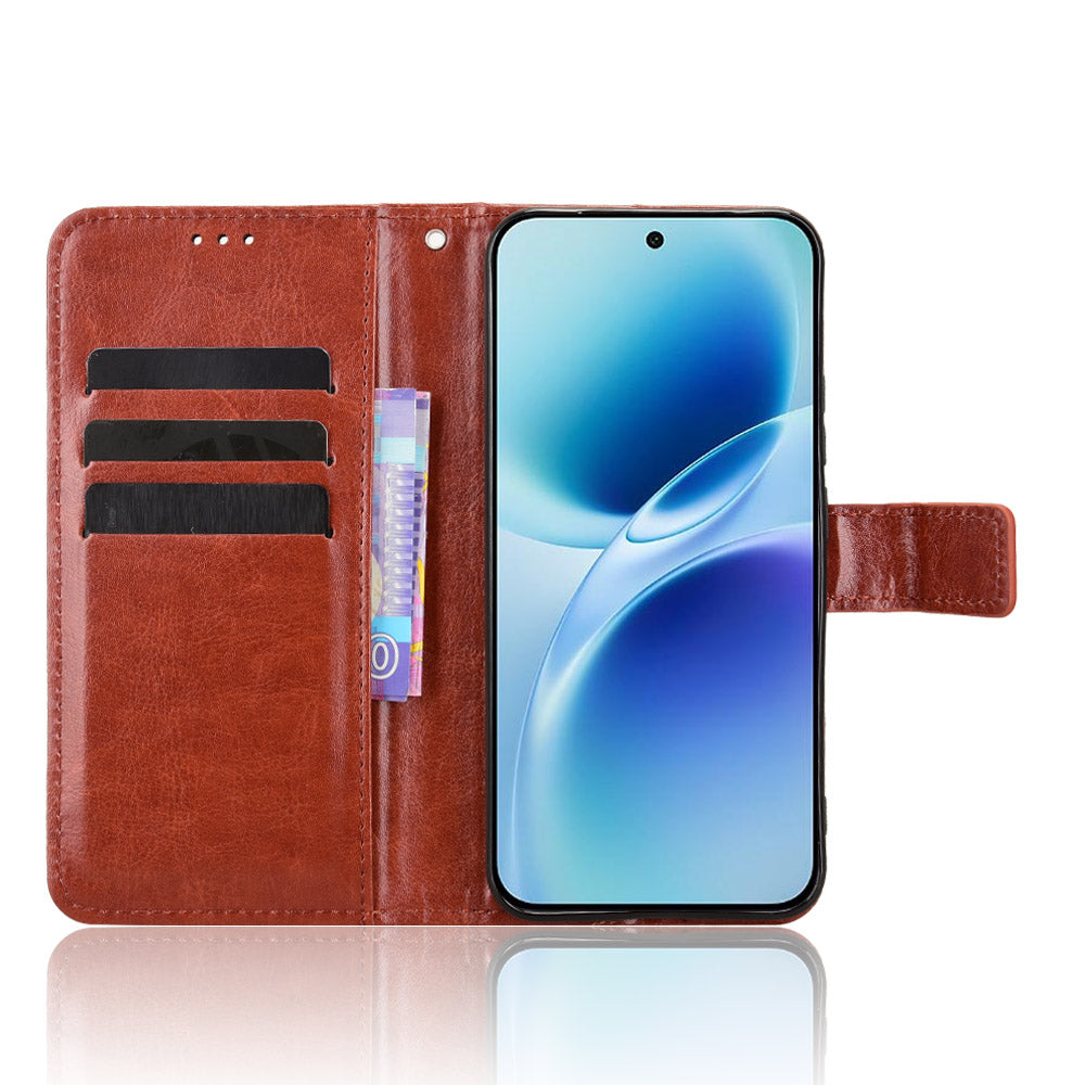 For vivo S50 Pro mini 5G / vivo X300 FE 5G PU Leather Case with Strap Crazy Horse Texture Phone Wallet Cover - Brown