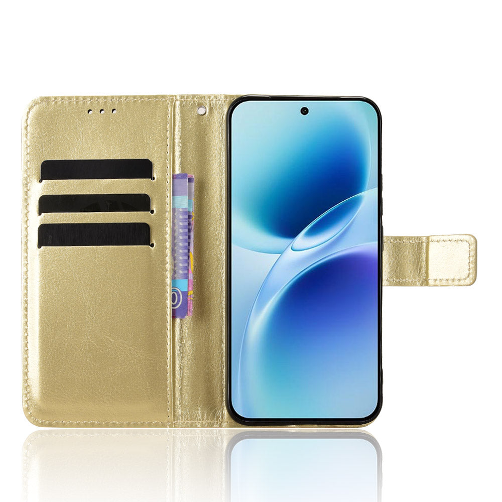 For vivo S50 Pro mini 5G / vivo X300 FE 5G PU Leather Case with Strap Crazy Horse Texture Phone Wallet Cover - Gold