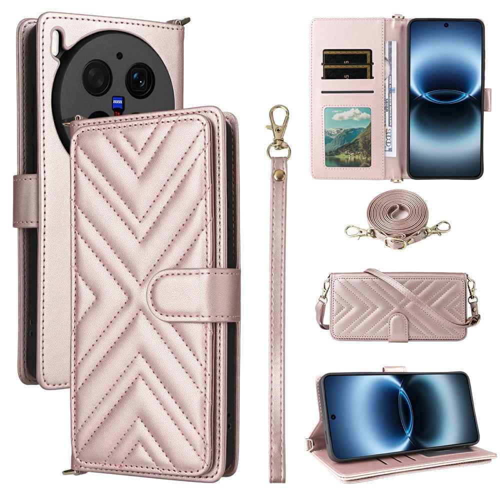 For vivo X300 Ultra 5G Leather Case Stand Wallet Phone Cover with Shoulder  /  Wrist Strap - Pink