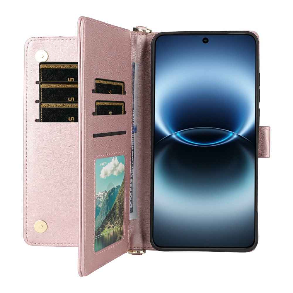 For vivo X300 Ultra 5G Leather Case Stand Wallet Phone Cover with Shoulder  /  Wrist Strap - Pink