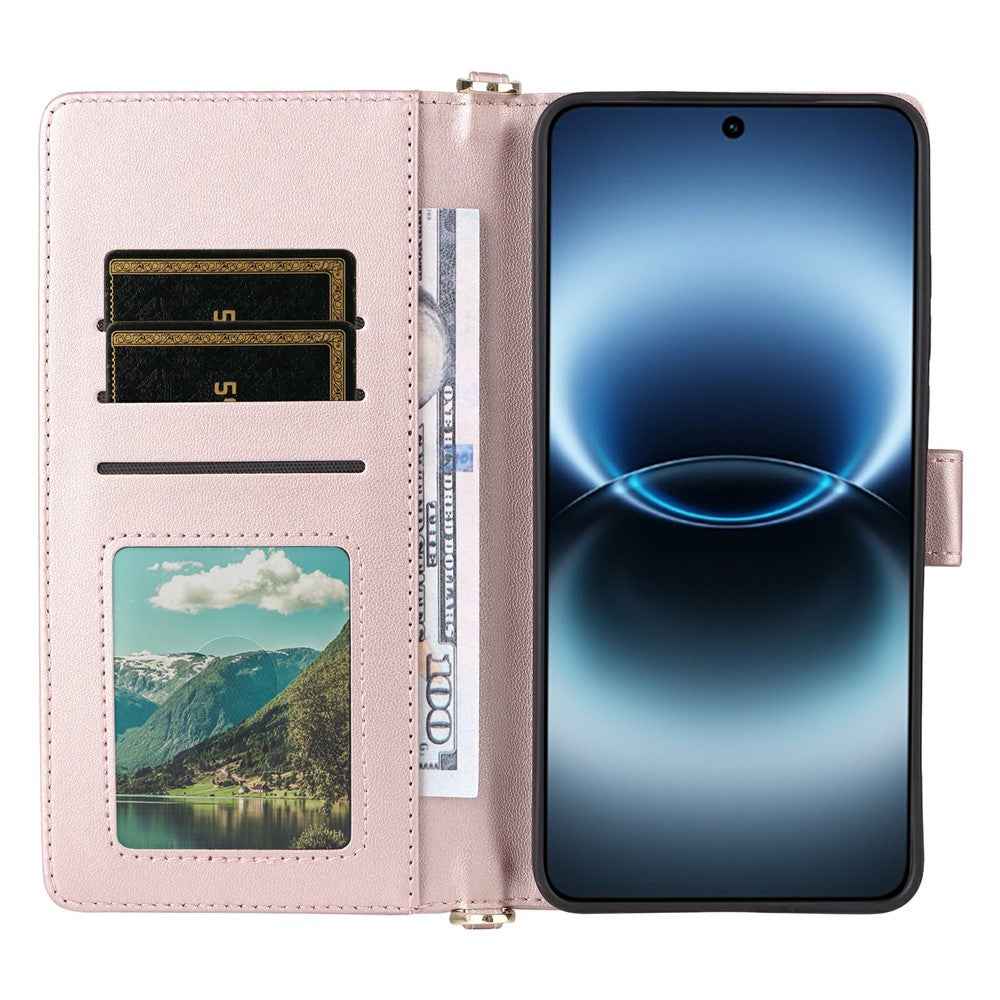 For vivo X300 Ultra 5G Leather Case Stand Wallet Phone Cover with Shoulder  /  Wrist Strap - Pink