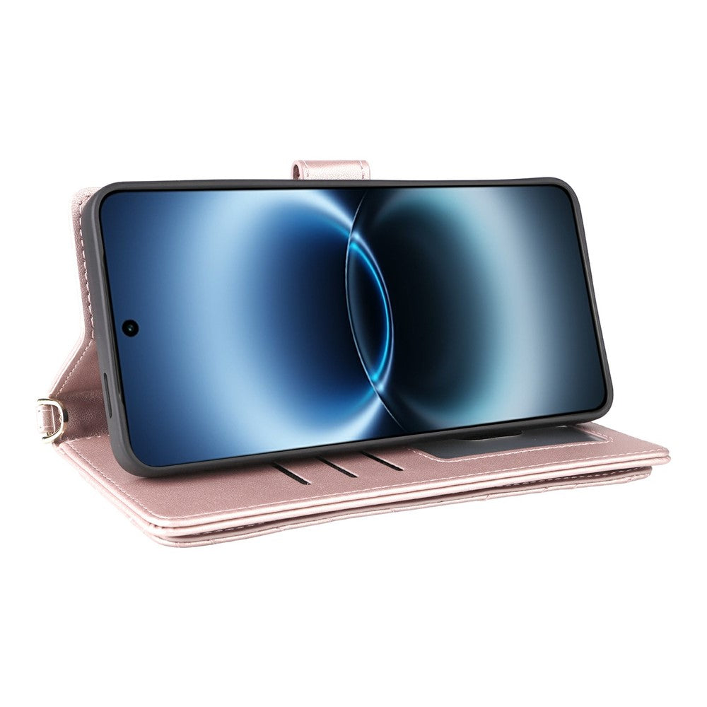 For vivo X300 Ultra 5G Leather Case Stand Wallet Phone Cover with Shoulder  /  Wrist Strap - Pink