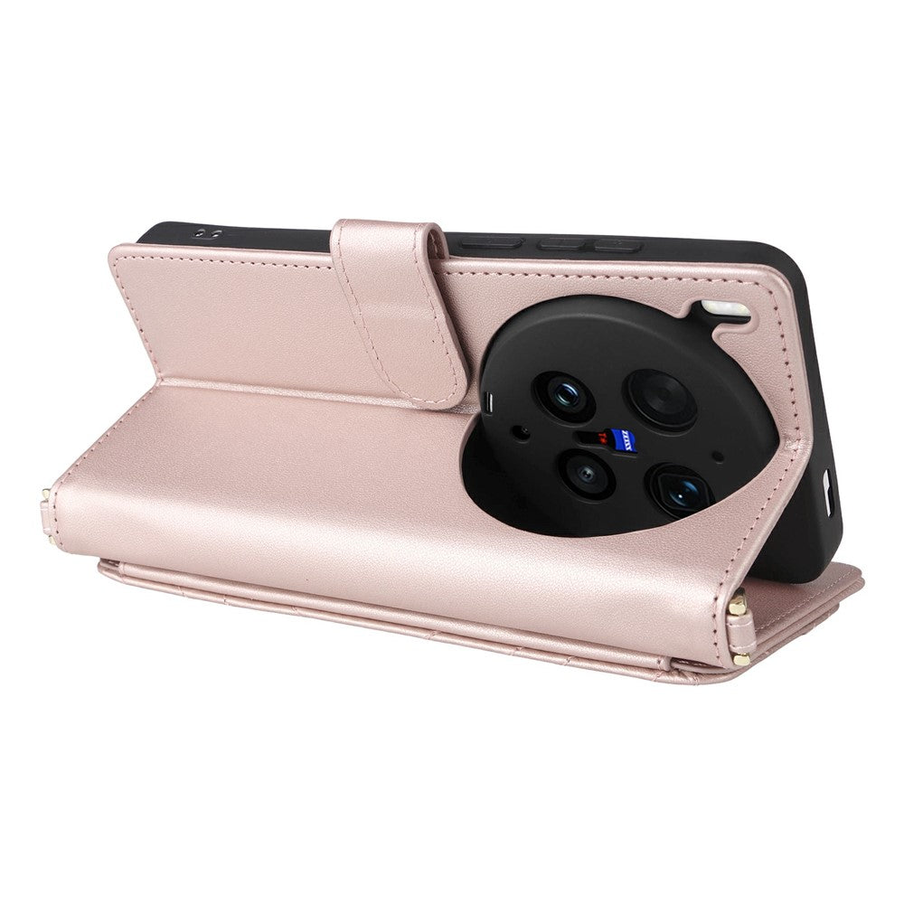 For vivo X300 Ultra 5G Leather Case Stand Wallet Phone Cover with Shoulder  /  Wrist Strap - Pink