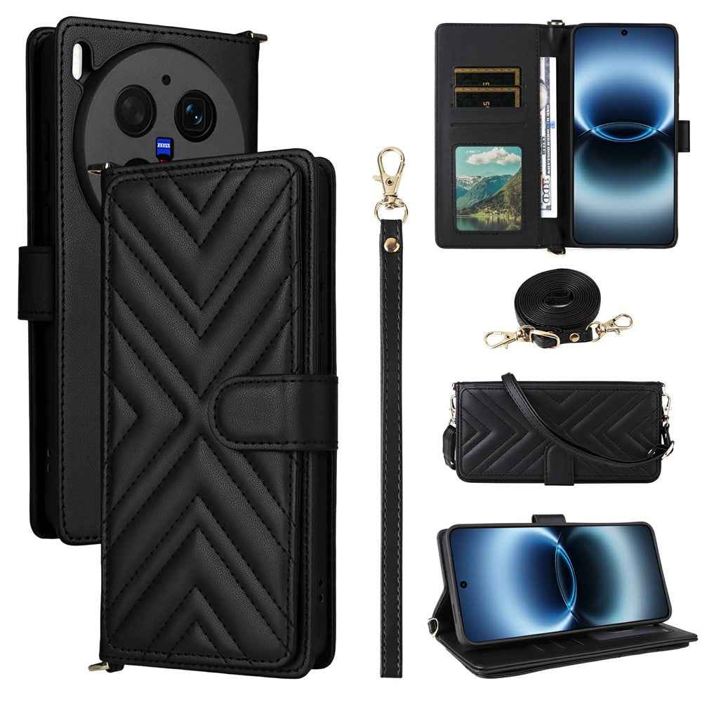 For vivo X300 Ultra 5G Leather Case Stand Wallet Phone Cover with Shoulder  /  Wrist Strap - Black