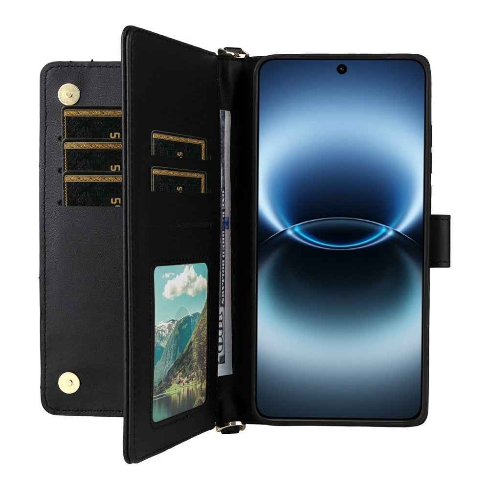 For vivo X300 Ultra 5G Leather Case Stand Wallet Phone Cover with Shoulder  /  Wrist Strap - Black