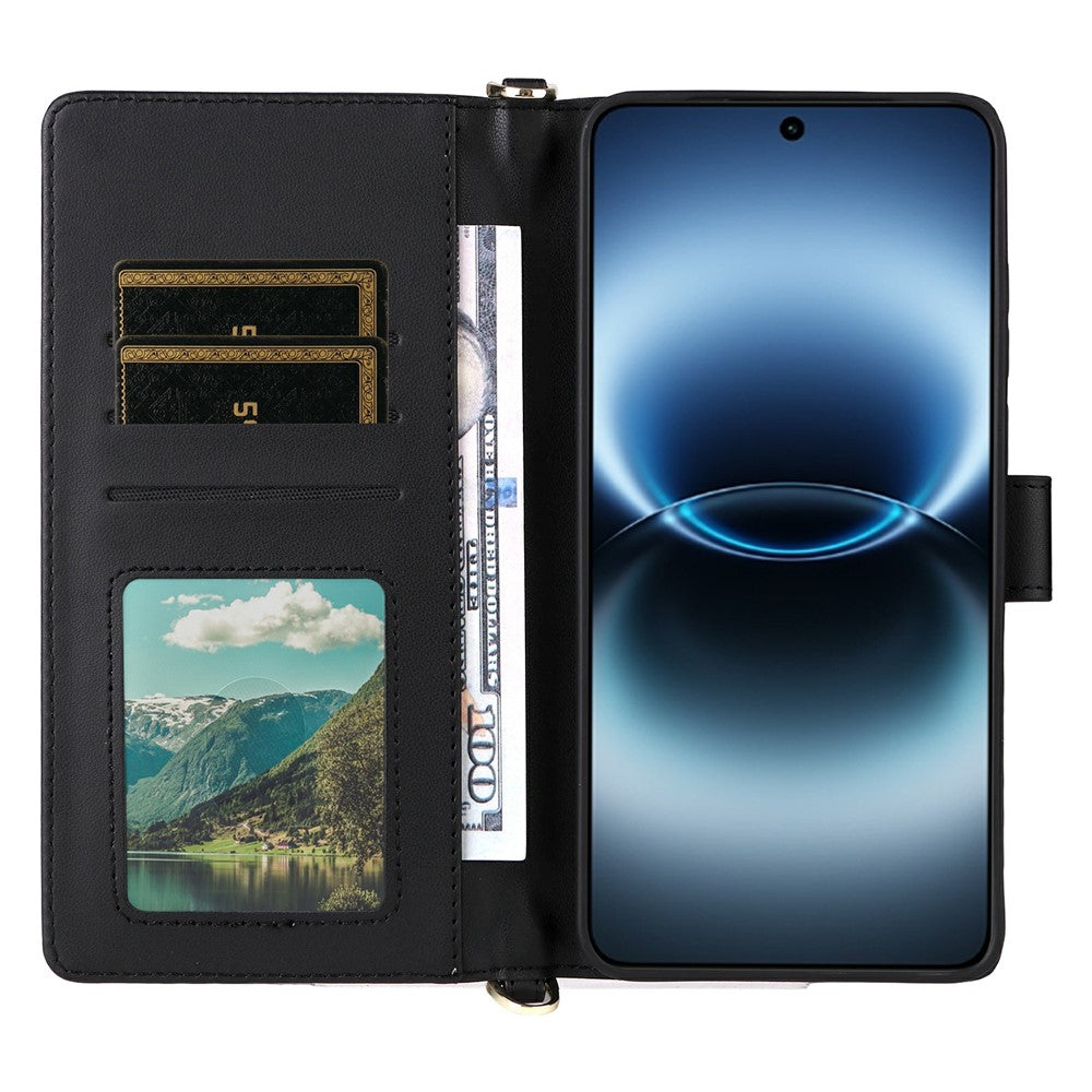 For vivo X300 Ultra 5G Leather Case Stand Wallet Phone Cover with Shoulder  /  Wrist Strap - Black