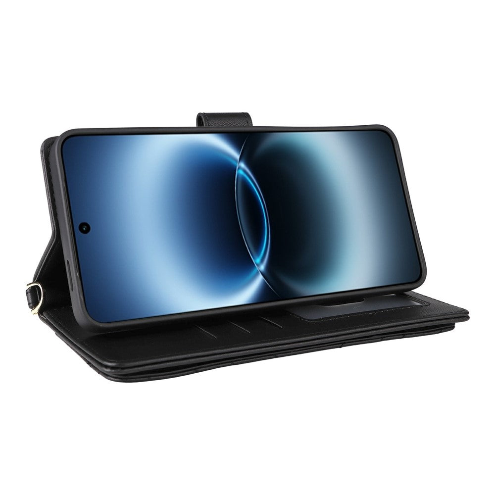 For vivo X300 Ultra 5G Leather Case Stand Wallet Phone Cover with Shoulder  /  Wrist Strap - Black