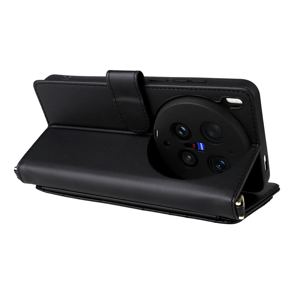 For vivo X300 Ultra 5G Leather Case Stand Wallet Phone Cover with Shoulder  /  Wrist Strap - Black