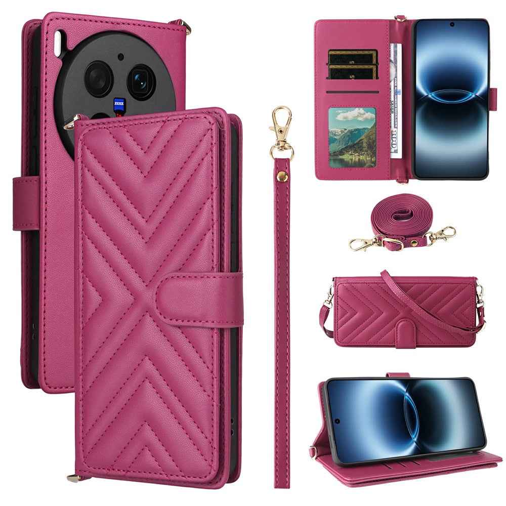 For vivo X300 Ultra 5G Leather Case Stand Wallet Phone Cover with Shoulder  /  Wrist Strap - Rose