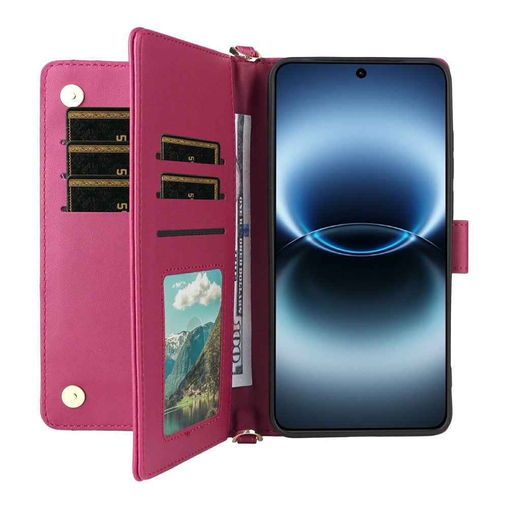 For vivo X300 Ultra 5G Leather Case Stand Wallet Phone Cover with Shoulder  /  Wrist Strap - Rose