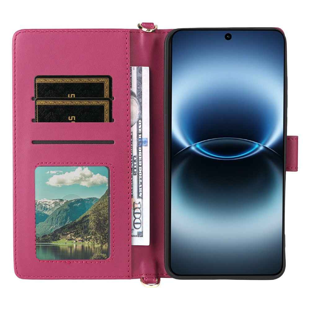 For vivo X300 Ultra 5G Leather Case Stand Wallet Phone Cover with Shoulder  /  Wrist Strap - Rose