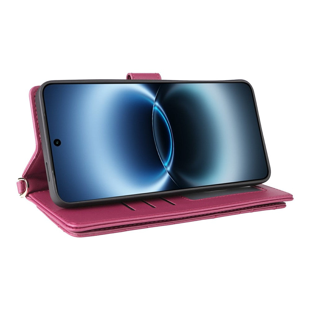 For vivo X300 Ultra 5G Leather Case Stand Wallet Phone Cover with Shoulder  /  Wrist Strap - Rose