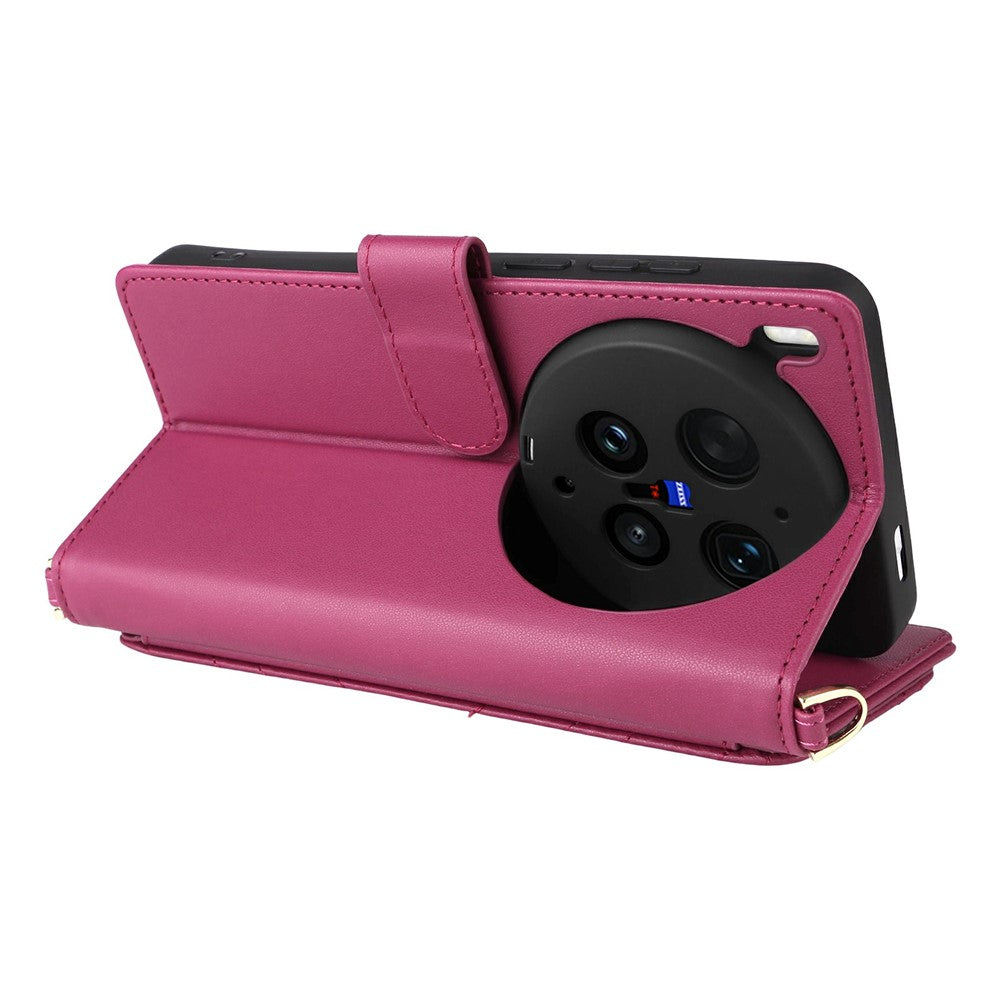 For vivo X300 Ultra 5G Leather Case Stand Wallet Phone Cover with Shoulder  /  Wrist Strap - Rose