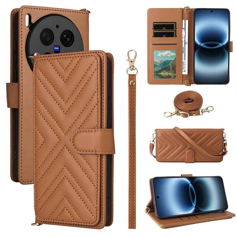 For vivo X300 Ultra 5G Leather Case Stand Wallet Phone Cover with Shoulder  /  Wrist Strap - Brown