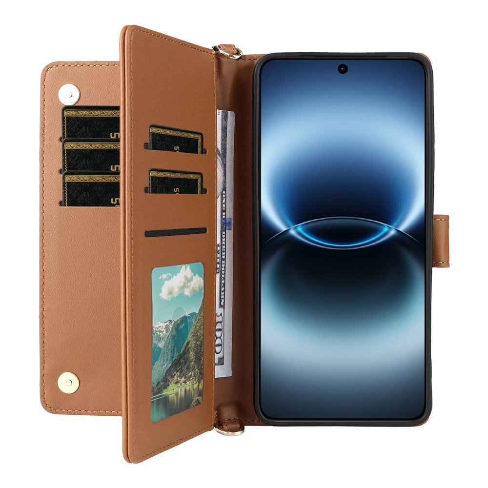 For vivo X300 Ultra 5G Leather Case Stand Wallet Phone Cover with Shoulder  /  Wrist Strap - Brown