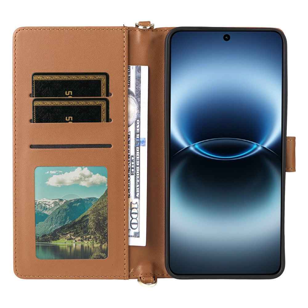 For vivo X300 Ultra 5G Leather Case Stand Wallet Phone Cover with Shoulder  /  Wrist Strap - Brown