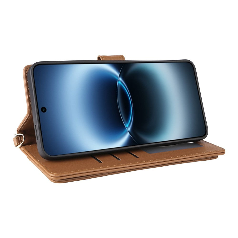 For vivo X300 Ultra 5G Leather Case Stand Wallet Phone Cover with Shoulder  /  Wrist Strap - Brown