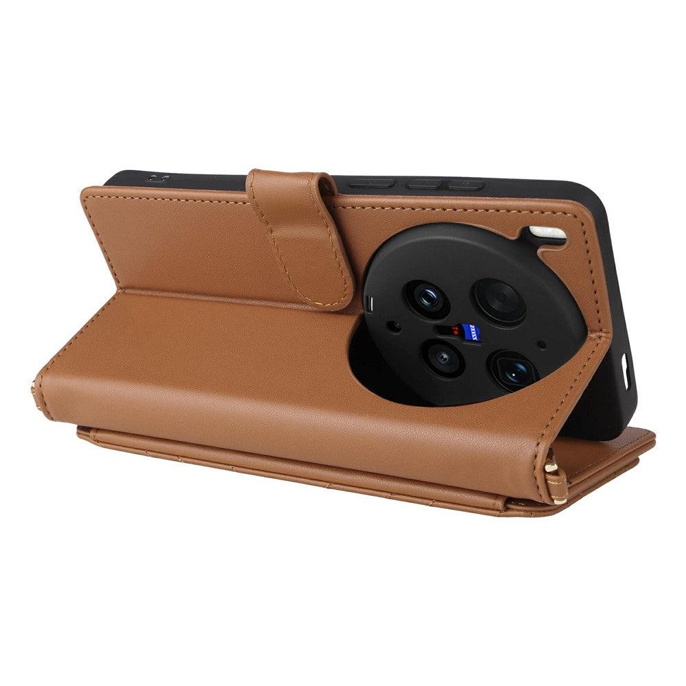 For vivo X300 Ultra 5G Leather Case Stand Wallet Phone Cover with Shoulder  /  Wrist Strap - Brown