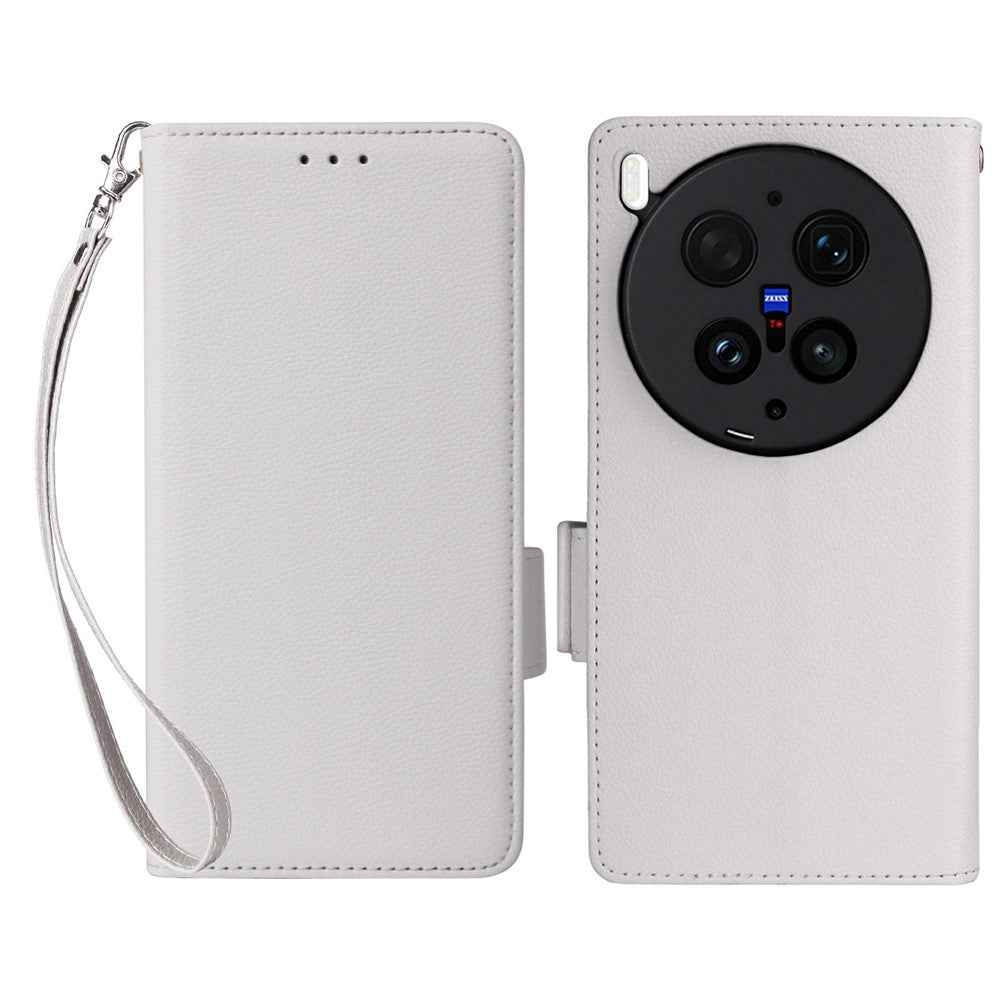 For vivo X300 Ultra 5G Case Litchi Texture Wallet Leather Phone Cover with Wrist Strap - White