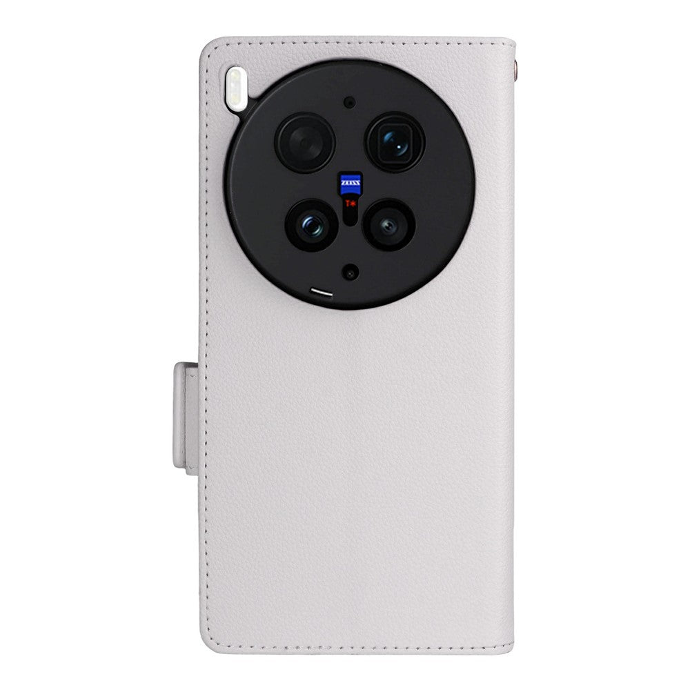 For vivo X300 Ultra 5G Case Litchi Texture Wallet Leather Phone Cover with Wrist Strap - White