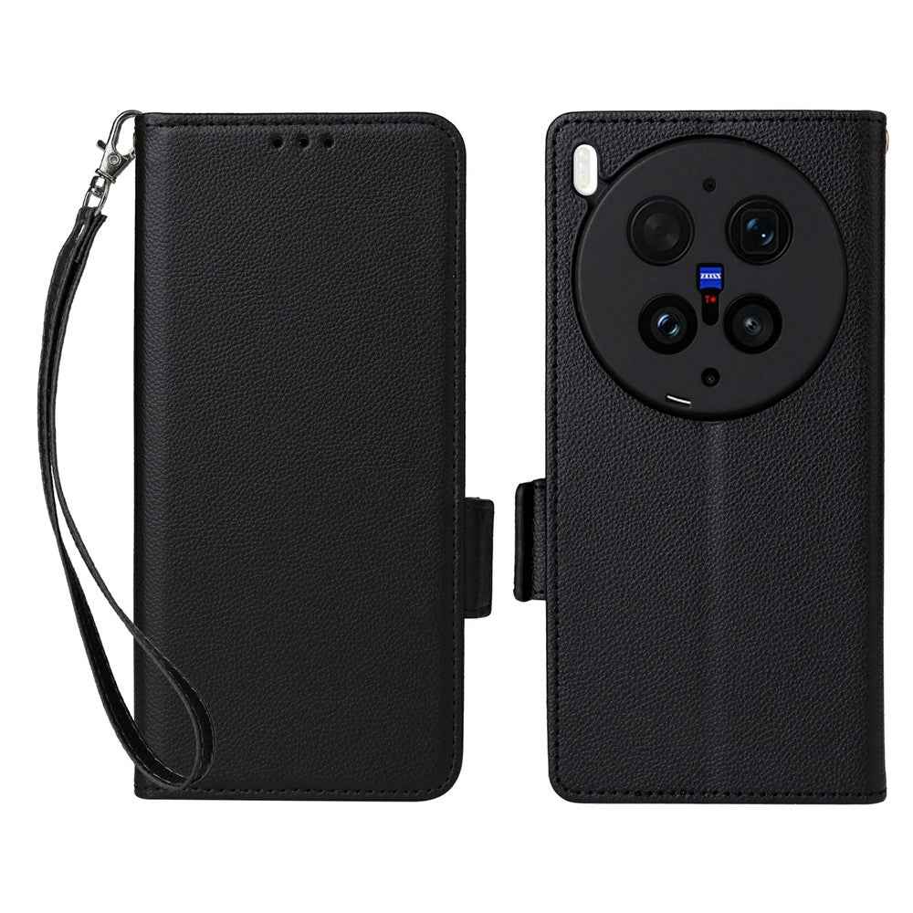 For vivo X300 Ultra 5G Case Litchi Texture Wallet Leather Phone Cover with Wrist Strap - Black