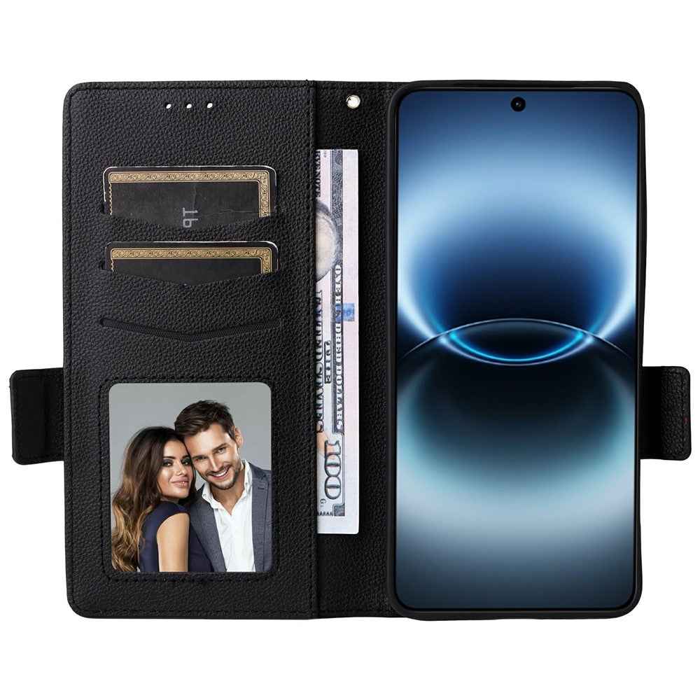 For vivo X300 Ultra 5G Case Litchi Texture Wallet Leather Phone Cover with Wrist Strap - Black