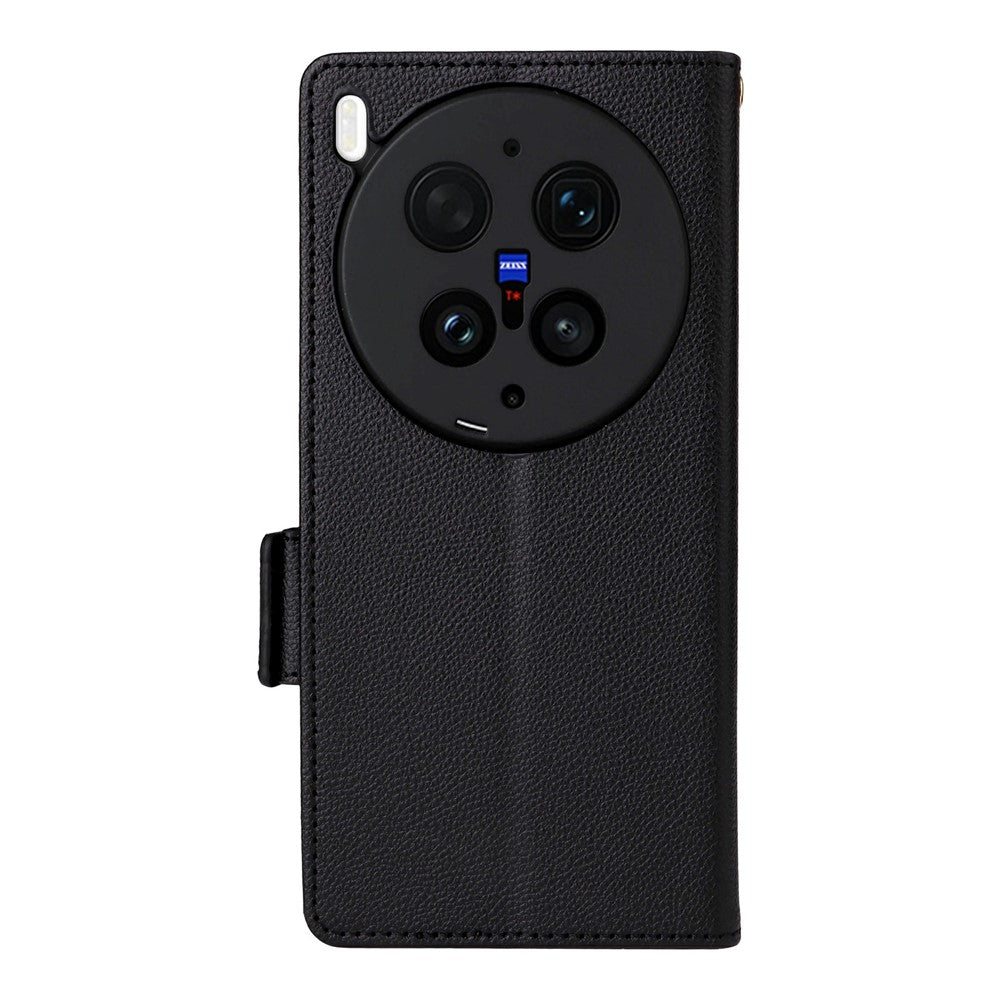 For vivo X300 Ultra 5G Case Litchi Texture Wallet Leather Phone Cover with Wrist Strap - Black