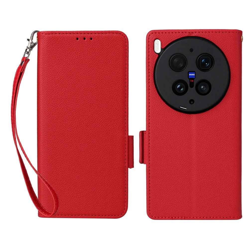 For vivo X300 Ultra 5G Case Litchi Texture Wallet Leather Phone Cover with Wrist Strap - Red