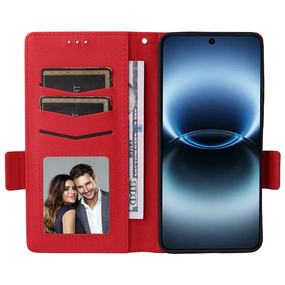 For vivo X300 Ultra 5G Case Litchi Texture Wallet Leather Phone Cover with Wrist Strap - Red