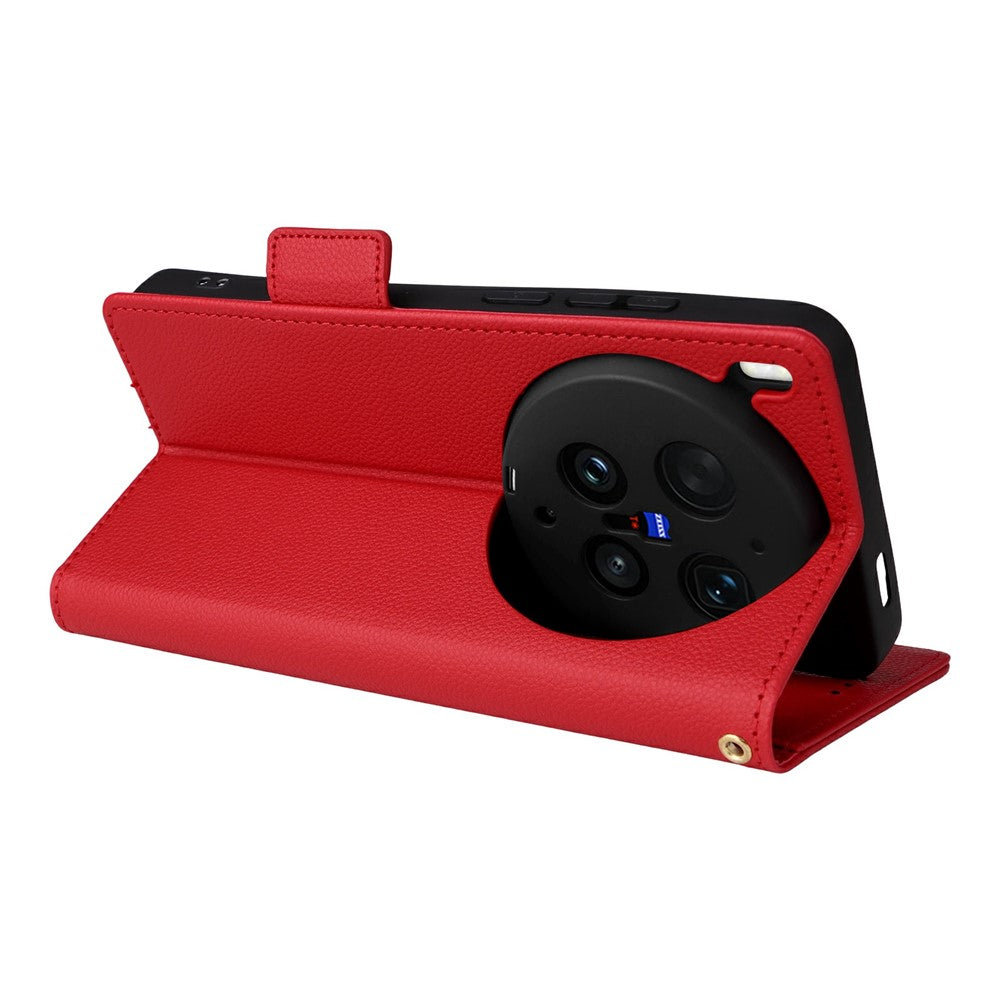 For vivo X300 Ultra 5G Case Litchi Texture Wallet Leather Phone Cover with Wrist Strap - Red